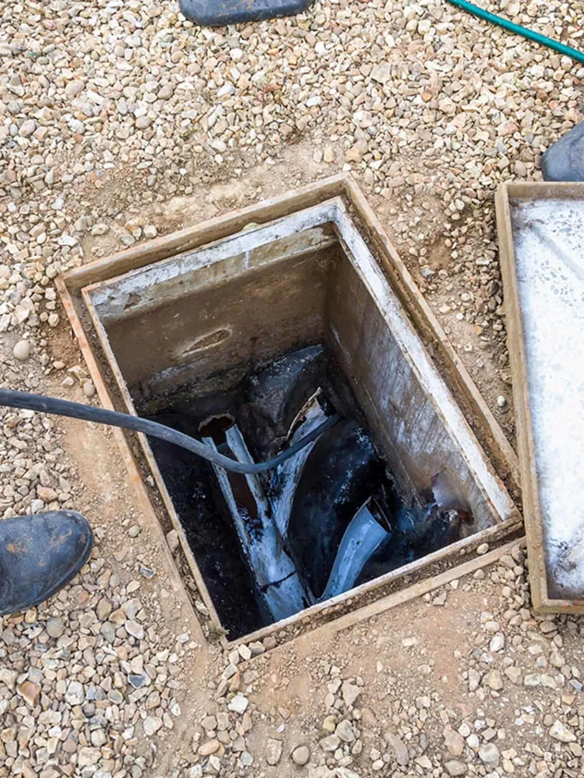 Open inspection chamber on a gravel drive with the lid set aside and a hose fed into the drain