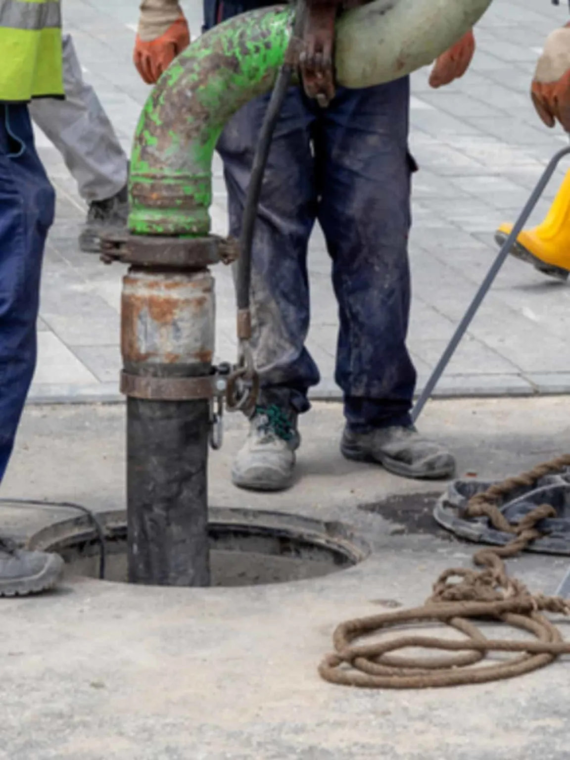 Crew in hi-vis feeding a large hose into an open manhole on a paved street